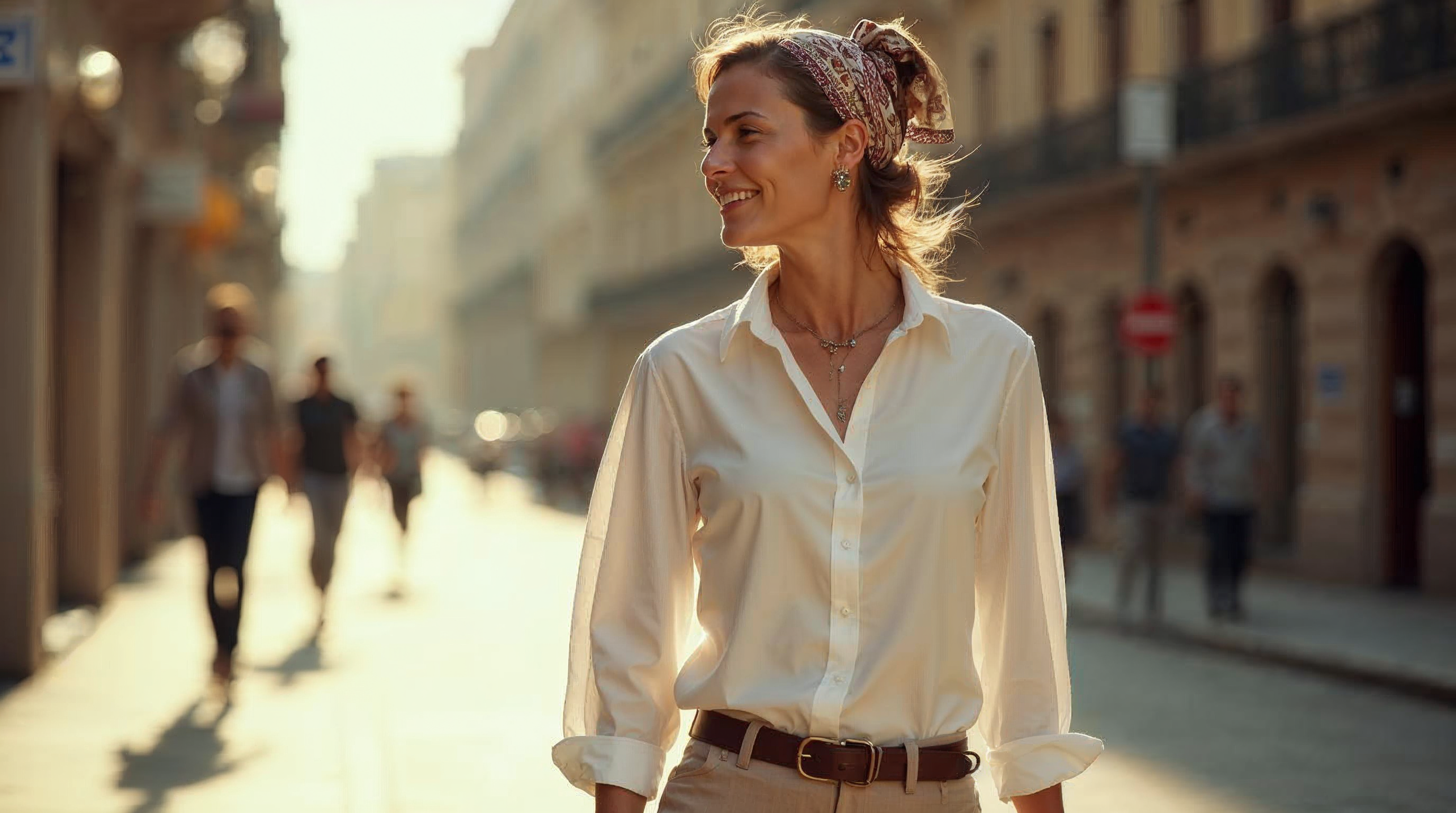Street style photo of a woman wearing a patterned silk handkerchief tied over her hair
