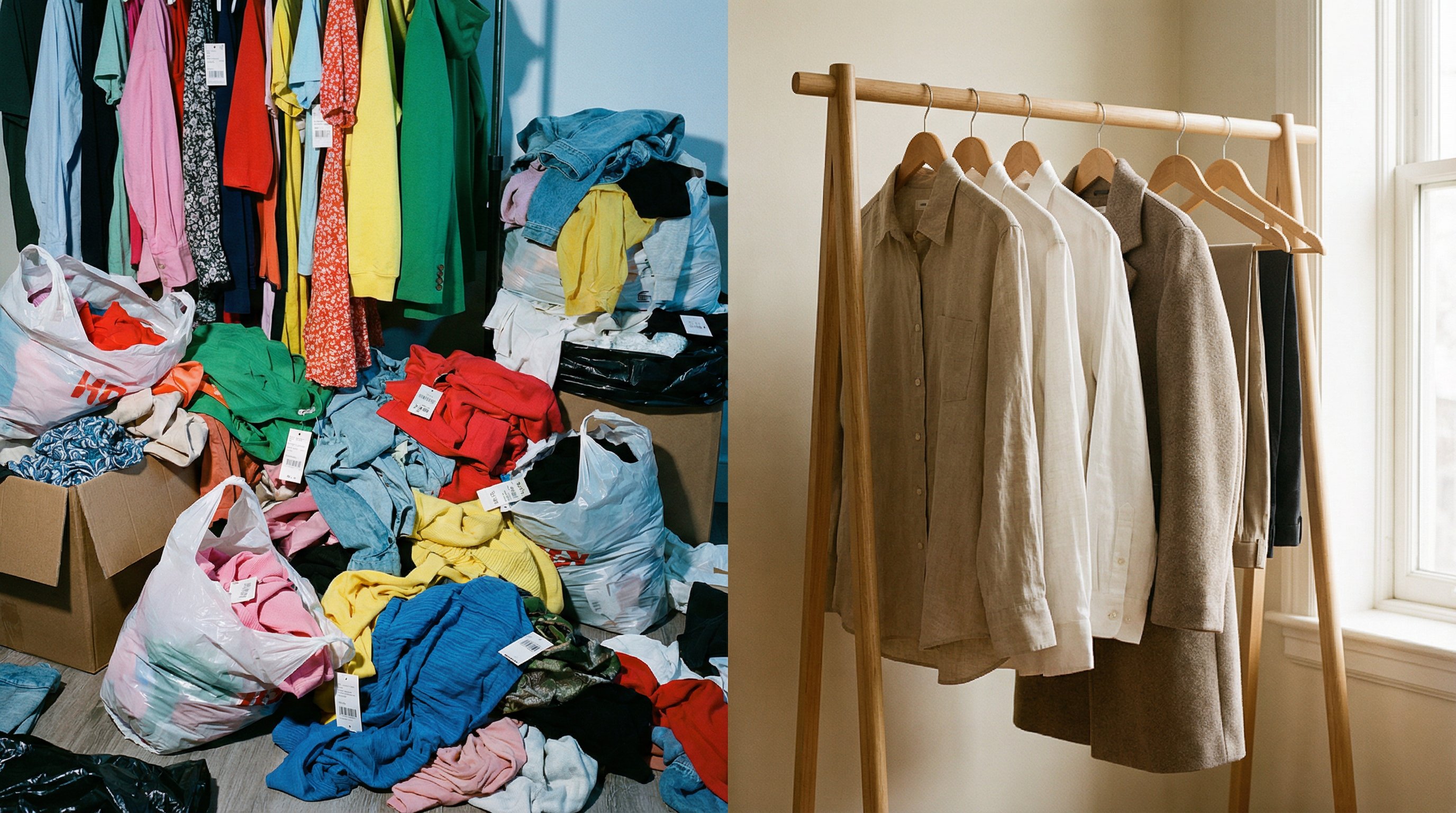 A split image contrasting overflowing fast fashion waste with a curated minimalist wardrobe, representing the conflict between manufactured consumption and intentional style